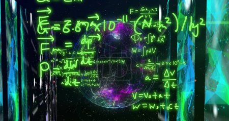 Darstellung mathematischer Formeln und wissenschaftlicher Datenverarbeitung auf der ganzen Welt. Globales Wissenschafts-, Computer- und Datenverarbeitungskonzept digital generiertes Bild.