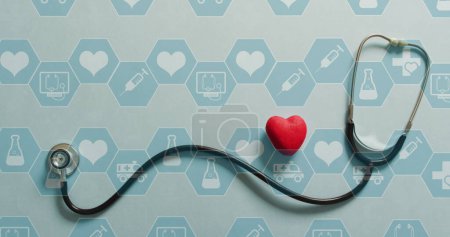 Photo for Image of medical icons over stethoscope with heart. Global medicine and digital interface concept digitally generated image. - Royalty Free Image