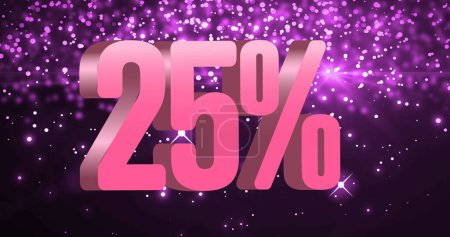 Imagen de 25 por ciento de texto en rosa sobre manchas brillantes púrpura sobre fondo negro. concepto de compras, venta al por menor y ahorro de imagen generada digitalmente.