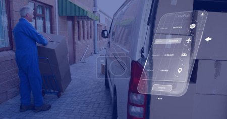 Photo for Image of digital interface with icons and data processing over caucasian delivery man at work. Global delivery, shipping and retail concept digitally generated image. - Royalty Free Image