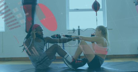 Photo for Image of digital interface with statistics scanning and data processing over female boxer with her male coach doing sit ups. Global computer network technology concept digitally generated image. - Royalty Free Image