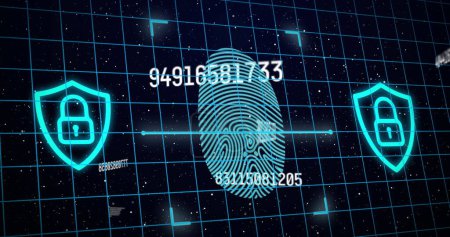 Bild von sich verändernden Zahlen mit leuchtend blauem Fingerabdruck mit Gitter im Hintergrund. globales Konzept der digitalen Schnittstelle Kommunikationstechnologie digital generiertes Bild.