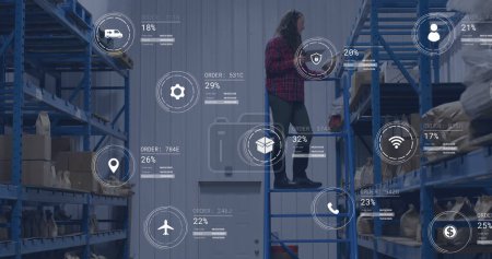 Image of icons with data processing over caucasian male worker in warehouse. Global delivery, shipping and retail concept digitally generated image.