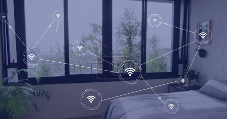 Bild eines Netzwerks von Verbindungen mit Symbolen über dem Schlafzimmer. Globale Anschlüsse, häusliches Leben und digitales Schnittstellenkonzept digital generiertes Bild.