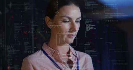 Image of data processing over caucasian female it engineer and computer servers. Global computing and data processing concept digitally generated image