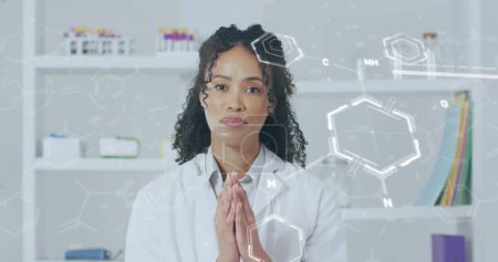 Image of chemical structures and data processing over biracial female doctor having image call. Global medicine and digital interface concept digitally generated image.
