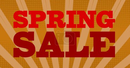 Bild des Frühjahrsverkaufstextes in roten Lettern über sich drehenden orangen Streifen. Einkaufs-, Einzelhandels- und Sparkonzept digital generiertes Image.