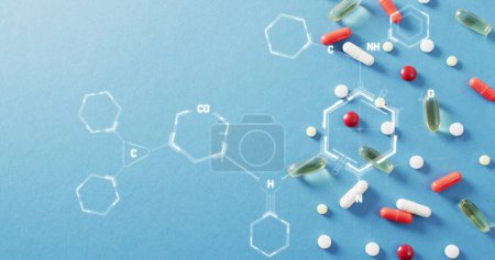 Photo for Image of chemical structures over pills. Global medicine and digital interface concept digitally generated image. - Royalty Free Image