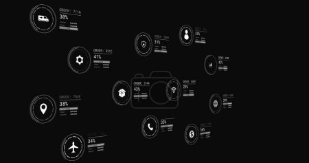 Bild von Symbolen mit Datenverarbeitung auf schwarzem Hintergrund. Globales Liefer-, Versand- und Einzelhandelskonzept digital generiertes Image.