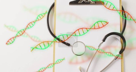 Photo for Image of dna strands over notebook and stethoscope. Global medicine and digital interface concept digitally generated image. - Royalty Free Image