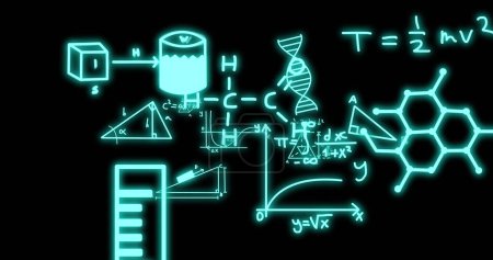 Bild der mathematischen Formel und der wissenschaftlichen Datenverarbeitung auf schwarzem Hintergrund. Globales Wissenschafts-, Computer- und Datenverarbeitungskonzept digital generiertes Bild.