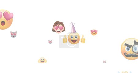 Photo for Image of multiple emoji icons flying up on white background. social media and online networking concept digitally generated image. - Royalty Free Image