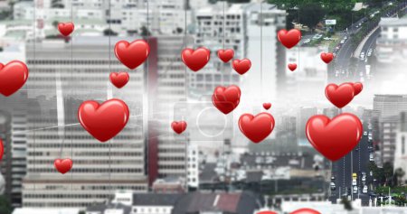 Photo for Cityscape with flying heart icons in the foreground. - Royalty Free Image