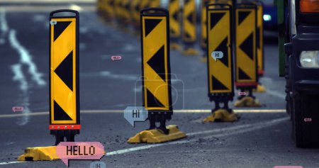 Photo for Image of multiple hi and hello text on vintage speech bubbles over road traffic. online social media and networking concept digitally generated image. - Royalty Free Image