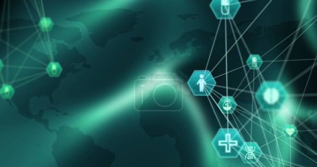 Bild der digitalen Schnittstelle mit medizinischen Symbolen und Netzwerk von Verbindungen mit Weltkarte auf grünem Hintergrund. Globales Konzept der Computernetzwerktechnologie digital generiertes Bild.