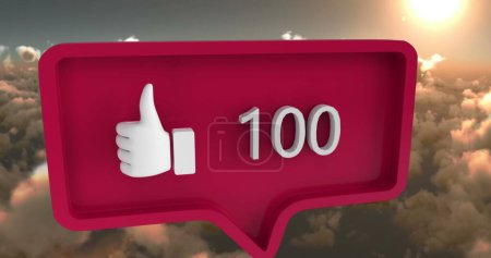Photo for Image of speech bubble with numbers and like icon over clouds. global social media and communication concept digitally generated image. - Royalty Free Image