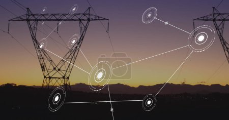 Image of network of conncetions with icons over pylons. Global conncetions, energy and digital interface concept digitally generated image.