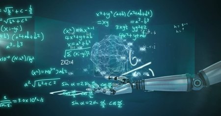 Image of robot's arm, mathematical formulae and scientific data processing over grey background. Global science, computing and data processing concept digitally generated image.