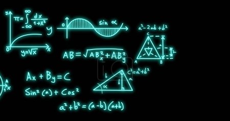 Bild mathematischer Formeln und wissenschaftlicher Datenverarbeitung auf schwarzem Hintergrund. Globales Wissenschafts-, Computer- und Datenverarbeitungskonzept digital generiertes Bild.