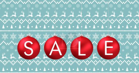 Bild des Verkaufstextes auf roten Weihnachtsblasen und traditionellem weihnachtlichen Hintergrund. Retro-Einzelhandels-, Einkaufs- und Sparkonzept digital generiertes Image.