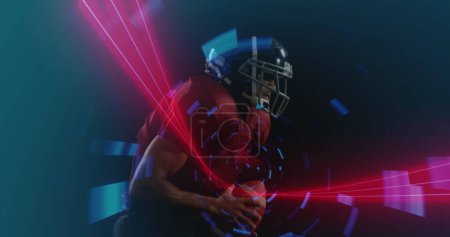 Image of interface processing data over american football player running with ball. sport, competition and technology concept, digitally generated image.