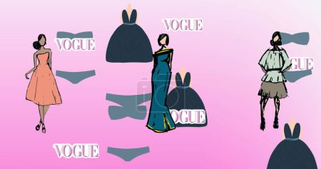 Bild der Modezeichnungen des Modells auf rosa Hintergrund. Modedesign, Modenschau und Bekleidungskonzept digital generiertes Image.