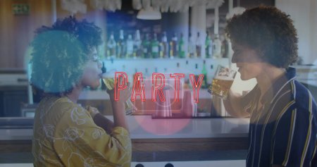 Photo for Image of party text over happy diverse friends talking and drinking beer. social media and communication interface concept digitally generated image. - Royalty Free Image
