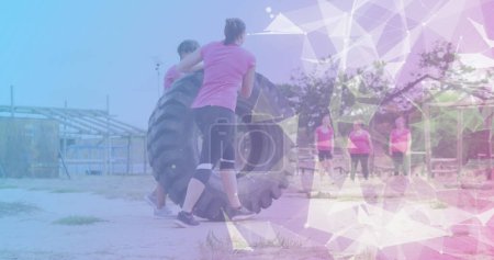 Photo for Image of shapes over diverse women at obstacle course carrying tyre. Global sport, health, fitness and digital interface concept digitally generated image. - Royalty Free Image