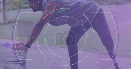 Photo for Image of scope processing data over male athlete with prosthetic leg exercising outdoors. sport, achievement and communication technology concept, digitally generated image. - Royalty Free Image