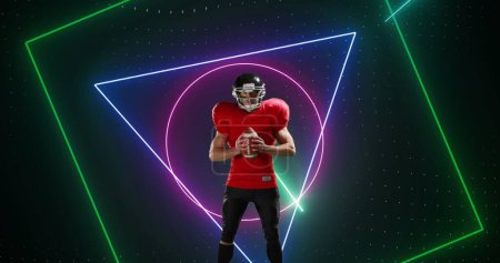 Photo for Image of neon scanner processing data over american football player holding ball. sport, competition and technology concept, digitally generated image. - Royalty Free Image