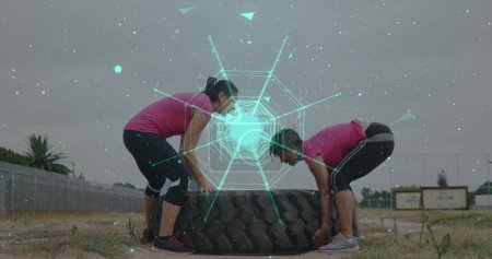 Image of shapes and spots over diverse women at obstacle course carrying tyre. Global sport, health, fitness and digital interface concept digitally generated image.