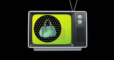 Bild des Verkaufstextes und des Handtaschensymbols im Fernseher auf schwarzem Hintergrund. Einzelhandels- und Einkaufskonzept digital generiertes Image.
