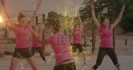 Image of shapes over diverse women at obstacle course exercising. Global sport, health, fitness and digital interface concept digitally generated image.