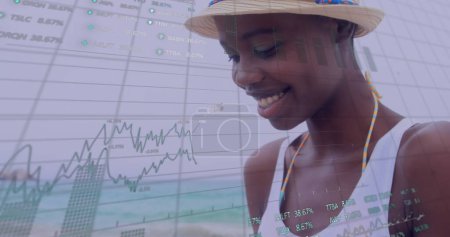Photo for Image of data processing over african american woman using smartphone. Global business, finances and digital interface concept digitally generated image. - Royalty Free Image