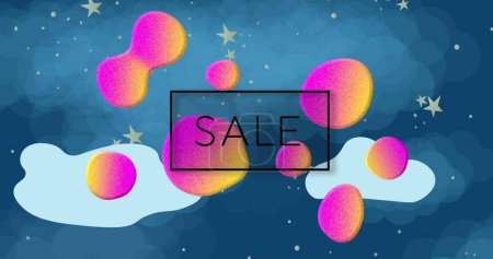 Image of sale text in black in black frame over multi coloured splodges on blue sky with stars. vintage retail, savings and shopping concept digitally generated image.