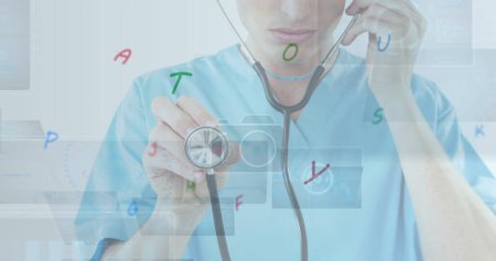 Photo for Image of letters changing and scopes on screens over female doctor with stethoscope. medicine, digital interface and data processing concept digitally generated image. - Royalty Free Image