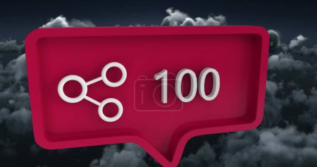 Image of share icon with numbers on speech bubble over sky and clouds. global social media and communication concept digitally generated image.