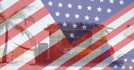 Imagen de bandera americana revelando estatua de libertad y chiringuito. 