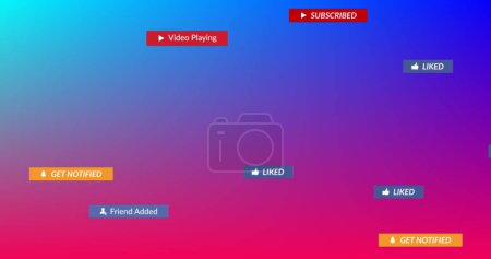 Photo for Image of social media text on banners over blue to pink background. global networking, social media, technology and communication concept digitally generated image. - Royalty Free Image