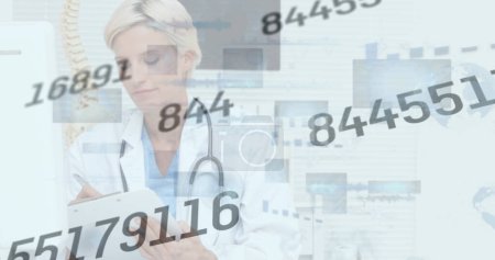 Image of numbers processing and statistics over female doctor with stethoscope. medicine, digital interface and data processing concept digitally generated image.