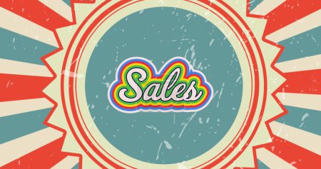 Bild des Verkaufstextes in Regenbogenform über sich drehenden Retro-blauen und roten Streifen im Hintergrund. Vintage Retail, Spar- und Einkaufskonzept digital generiertes Image.