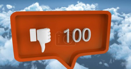 Image of unlike icon with numbers on speech bubble over sky and clouds. global social media and communication concept digitally generated image.