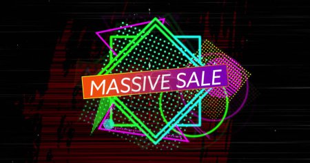 Image of massive sale text over purple banner on vibrant shapes on red flickering background. vintage retail, savings and shopping concept digitally generated image.