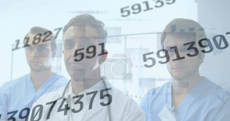 Photo for Image of number changing and data processing over male doctors with stethoscope. medicine, digital interface and data processing concept digitally generated image. - Royalty Free Image