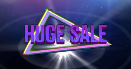 Digital image of neon purple huge sale text over triangle shape against bright spot of light. sale discount and retail business concept
