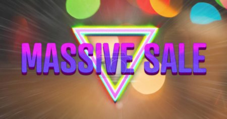 Image of retro massive sale purple text over neon triangle on colourful spots of light. vintage retail, savings and shopping concept digitally generated image.