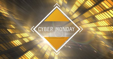 Image of cyber monday text in white frame over glowing tunnel with yellow lights background. retail, savings and online shopping concept digitally generated image.