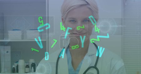 Photo for Image of data processing and letters changing over female doctor with stethoscope. medicine, digital interface and data processing concept digitally generated image. - Royalty Free Image