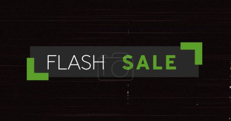 Image of flash sale text on grey banner over flickering black background. vintage retail, savings and shopping concept digitally generated image.