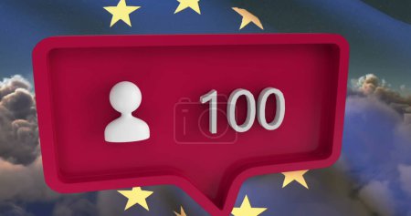 Foto de Imagen del icono de la gente con números en la burbuja del habla con la bandera de la unión europea. concepto global de comunicación y redes sociales imagen generada digitalmente. - Imagen libre de derechos